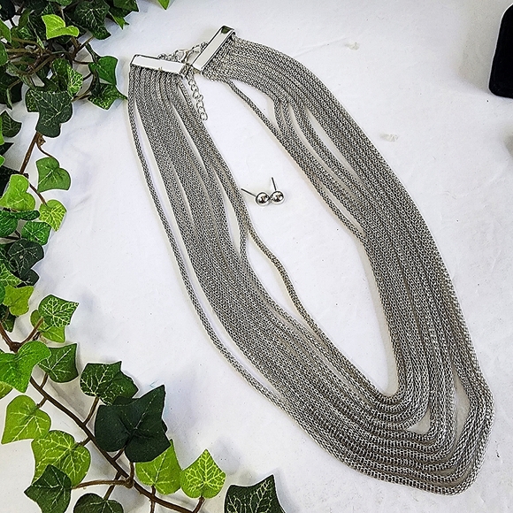 Silver Multi Strand Necklace Earrings Set - Picture 4 of 9